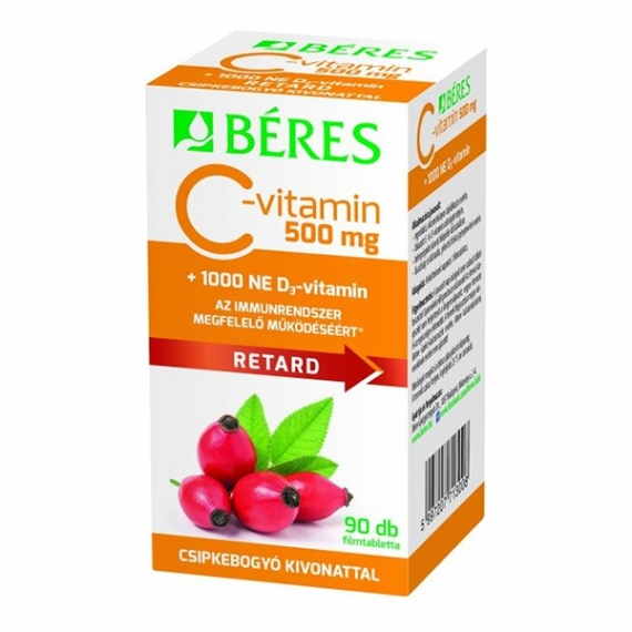 Béres C-vitamin 500mg csipkebogyó + D3 vitamin 1000NE retard filmtabletta 90x